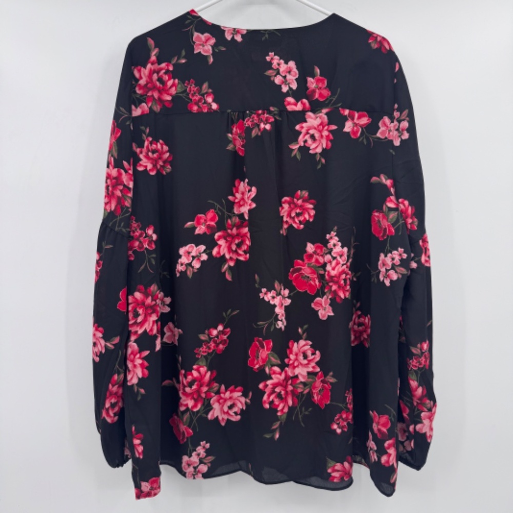 Lane Bryant Top Women 16 NEW Black Pink Floral V Neck Sheer Lightweight Peasant - Picture 7 of 12